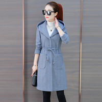 尚格帛 2018冬季新品女装毛呢大衣女中长款风衣外套小个子时尚韩版连帽大衣 HZ2075-071GB 蓝色 L