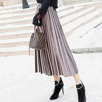 她池女装春装新款时尚气质纯色高腰A版百褶裙大摆半截裙 T83H1811A159JM 浅紫色 均码