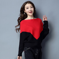 BANDALY  2018秋季自营女装新品针织衫女一字肩毛衣宽松蝙蝠衫长袖秋冬套头拼色上衣   FFYQ001 红色 XXL