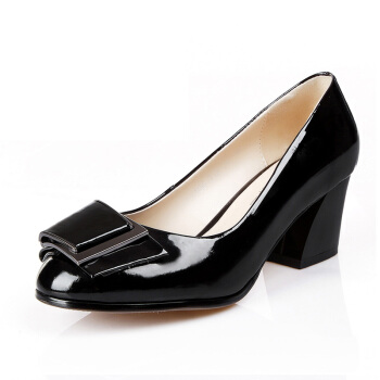 Universe 浓情漫宇 圆头浅口粗中跟女单皮鞋E077 黑色36