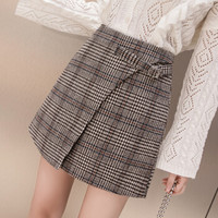 BANDALY 蹦跶狸 秋季女装新品半身裙女格子秋冬款不规则格纹毛呢A字裙短裙高腰 zx1625-2659 深卡其布色 L