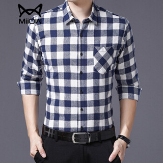 猫人（MiiOW）男士衬衫时尚休闲百搭格子长袖衬衫B357-9901兰格3XL