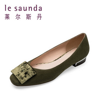 le saunda 莱尔斯丹 时尚休闲圆头套脚方形搭扣粗跟低跟女单鞋 LS 9T25021 绿色羊皮革+织物 37