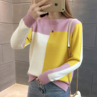 亚瑟魔衣针织衫女韩版女装百搭宽松拼色圆领套头毛衣女打底衫SH-123 粉色 均码