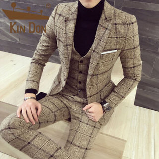 金盾（KIN DON）西服套装 男新款商务休闲韩版修身大码格子英伦西装三件套 C317-TZ50 姜黄色 L