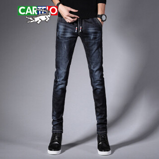 卡帝乐鳄鱼（CARTELO）牛仔裤  男士潮流休闲纯色系带弹力牛仔长裤A329-360深蓝色34