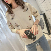 莉夏乐 针织衫女韩版小清新毛衣长袖百搭刺绣打底上衣2018秋冬季新品女装 GZJHDK61 白色 均码