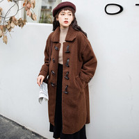 JOY OF JOY 2018冬季新款毛呢大衣女牛角扣羊羔毛韩版中长款复古风ins外套女 JWDY18J633 咖啡色 XL