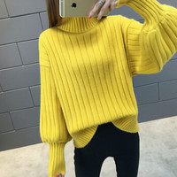 亚瑟魔衣针织衫女2018秋冬新款韩版灯笼袖慵懒风半高领毛衣新款套头宽松毛衣SH-1711-1 黄色 均码