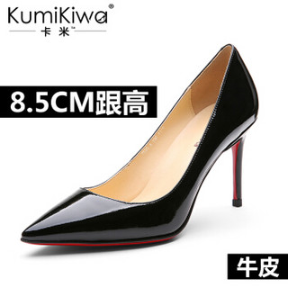 KumiKiwa 漆皮头层牛皮细跟浅口尖头高跟单鞋 K16QN3329 黑色8.5CM 39