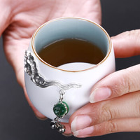 龙寅 茶杯定窑白品茗杯个人单杯茶道功夫镶锡茶杯带木盒礼品装