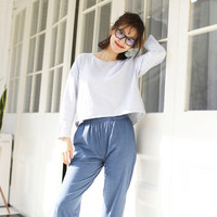 HEISION 海之宁 睡衣女士春秋季竹节棉质纯色宽松甜美清新家居服套装夏天出门可外穿居家服两件套 17W49 粉蓝 XXL