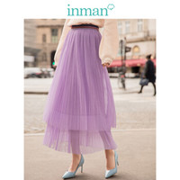 INMAN 茵曼 春装新款高腰显瘦文艺双层仙女纱裙A字大摆半身长裙 18911|11017 紫色 M