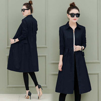 沫欣 2019春季新品自营女装韩版时尚单风衣女收腰气质中长款过膝薄款外套 zx1AF11-006MX 藏蓝色 2XL
