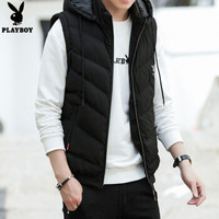 花花公子 马甲男2019春秋新款带帽无袖连帽男土棉外套潮加厚坎肩外套SY28010 黑色 XL