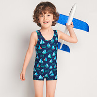 弈姿儿童泳衣 男童宝宝连体温泉游泳衣 小中童男童小背心泳装 EZI18B025 藏青底帆船印花 100cm