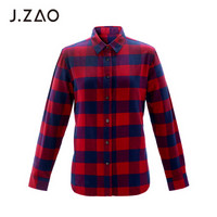 J.ZAO 女士衬衫长袖纯棉舒适法兰绒衬衫 红蓝格 M