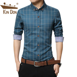 金盾 KIN DON 衬衫男士 2019春夏新品男装青年商务休闲修身大码格子长袖衬衫打底衫 1311长袖常规湖蓝 2XL