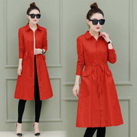 沫欣 2019春季新品自营女装韩版时尚单风衣女收腰气质中长款过膝薄款外套 zx1AF11-006MX 橘红 L