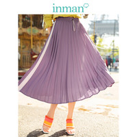 INMAN 茵曼 春装新款高腰显瘦文艺复古休闲百搭A字百褶裙半身长裙女 18911|11495 烟灰紫 L