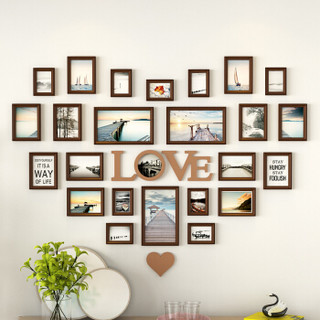 亮丽馨欧式心形照片墙装饰实木相框墙客厅卧室创意爱心相片挂墙组合套装自营巧克力色+海天一色