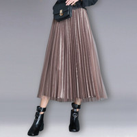 她池女装秋冬季新款金丝绒半身裙a字裙网纱裙中长款百褶裙ins超火裙子T84Z2241A347M 香槟色 M