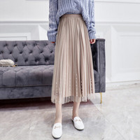 AUDDE 2019春季新款女装新品半身裙女韩版高腰钉珠长裙秋冬港味百褶网纱裙 cchJXY123 杏色 均码