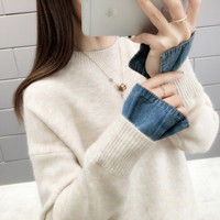 堡晟 2019春季女装新品针织衫韩版圆领套头牛仔布拼接袖纽扣开叉宽松毛衣 MMHS10426 米白色 均码