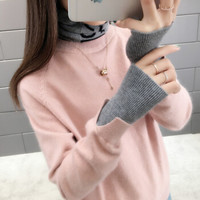 BANDALY 2019春季新款女装新品针织衫女字母提花拼色高领拼接套头假两件套毛衣 MMHS8866 粉红色 均码