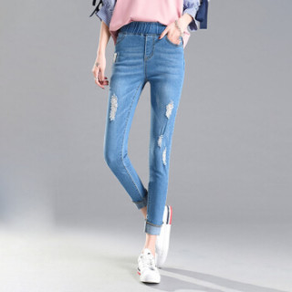 商品joy of joy 京东女装牛仔裤春秋季破洞深紧腰牛仔裤女九分裤修身