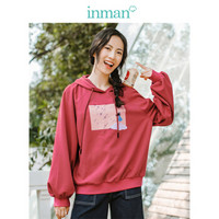 茵曼（INMAN）2019春装新款连帽抽绳减龄文艺休闲运动插肩袖卫衣女 18910|82286 珊瑚红 L