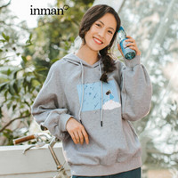 茵曼（INMAN）2019春装新款连帽抽绳减龄文艺休闲运动插肩袖卫衣女 18910|82286 花灰色 XL