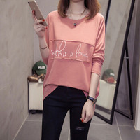 LAXJOY 朗悦  长袖T恤女春季新款学生宽松t恤印花打底衫LWTC187417T 粉色 L