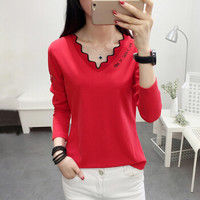 LAXJOY 朗悦  长袖T恤女春季新款V领刺绣字母打底衫学生简约上衣LWTC187109T 红色 XL