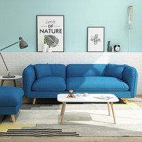 摩高空间北欧布艺沙发现代简约客厅家具可拆洗赖人沙发日式小户型三人位沙发+脚踏-蓝色
