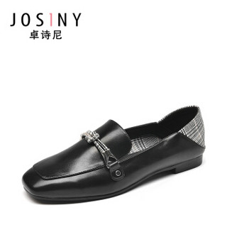 Josiny 卓诗 女低跟方头中口英伦格纹纯色休闲套脚单鞋J112D913J621 黑色 38