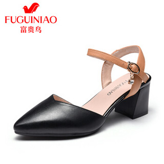 Fuguiniao 富贵鸟 单鞋女士时尚百搭粗跟扣带尖头浅口K99D536C 黑色 38