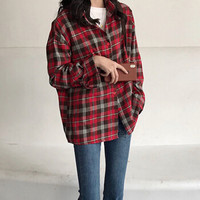 LAXJOY 朗悦 新款c长袖衬衫女学生韩版宽松复古格子衬衣 LWCC191190