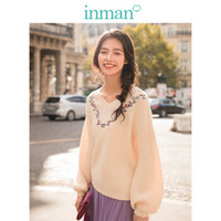 茵曼（INMAN）2019春装新款V领绣花复古韩版宽松落肩灯笼袖套头毛衣女 18911|32474 米杏色 M