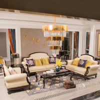 中伟ZHONGWEI欧式沙发 优质牛皮实木沙发 客厅实木雕花沙发组合三人位香槟色