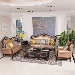 中伟ZHONGWEI欧式沙发 优质牛皮实木沙发 客厅实木雕花沙发组合3+1咖啡色