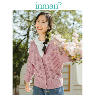 茵曼（INMAN）2019春装新款V领文艺复古宽松韩版薄款毛衣开衫外套女 18911|31455 藕粉色 M