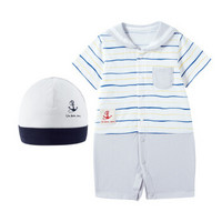 全棉时代 婴儿针织海军领短袖连体衣+帽子80/48(建议12-18个月)灰色波浪  2件装