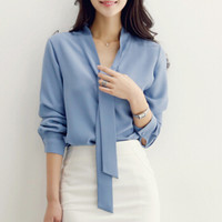 朗悦女装 长袖衬衫女2019春季新款韩版宽松衬衣V领飘带蝴蝶结雪纺衫LWCC187125T 蓝色长袖 L