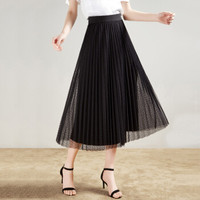 她池女装2019春季新款纯色简约雪纺百褶大摆修身中长款半身裙T91Z0314A10L  黑色 L