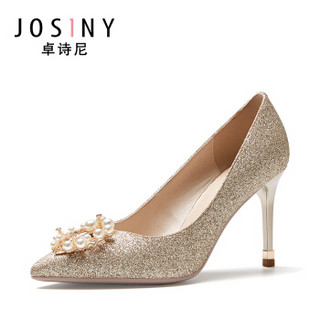 Josiny 卓诗尼 女超高跟尖头浅口细跟水钻金属装饰时装晚宴鞋J191D940J721 浅金色 37