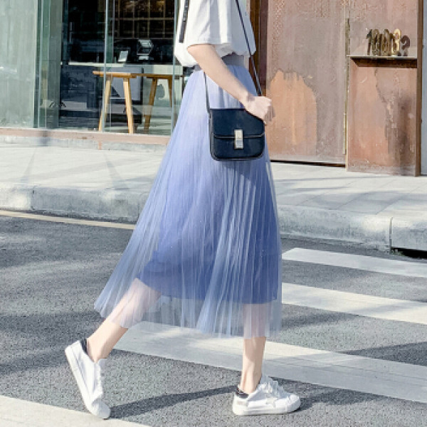 新款半身长裙亮丝渐变质感网纱百褶裙中长款a字裙 lwqz191332 蓝色