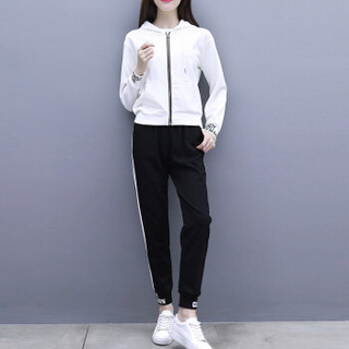 MAX WAY 女装 2019年春季新款韩版时尚休闲显瘦长袖直筒休闲裤两件套 MWYH095 白色 S