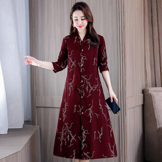 米兰茵（MILANYIN）女装 2019年春季时尚舒适气质印花A版长袖连衣裙 ML19190 酒红色 XL