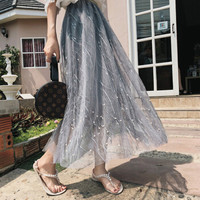 她池女装春季新款网纱半身裙女韩版ins超火时尚钉珠中长款大摆a字裙蓬蓬裙T91Z0062A11L  灰色 L